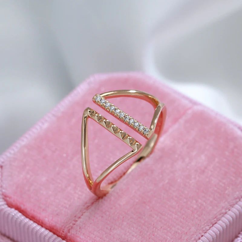 Classic Rose Gold Geometric Open Ring with Natural Zircon - Vintage Cocktail Jewelry