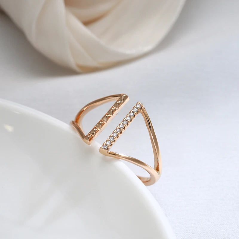 Classic Rose Gold Geometric Open Ring with Natural Zircon - Vintage Cocktail Jewelry