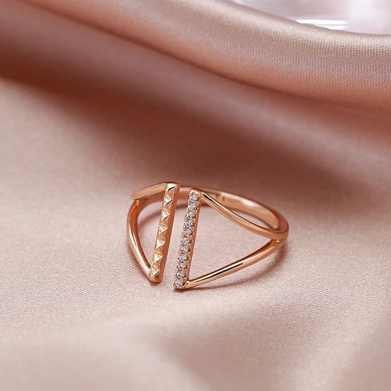 Classic Rose Gold Geometric Open Ring with Natural Zircon - Vintage Cocktail Jewelry