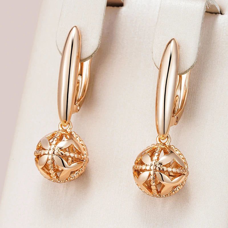 Classic Rose Gold Glossy Dangle Earrings with Ball Pendant - High-Quality Fashion Jewelry