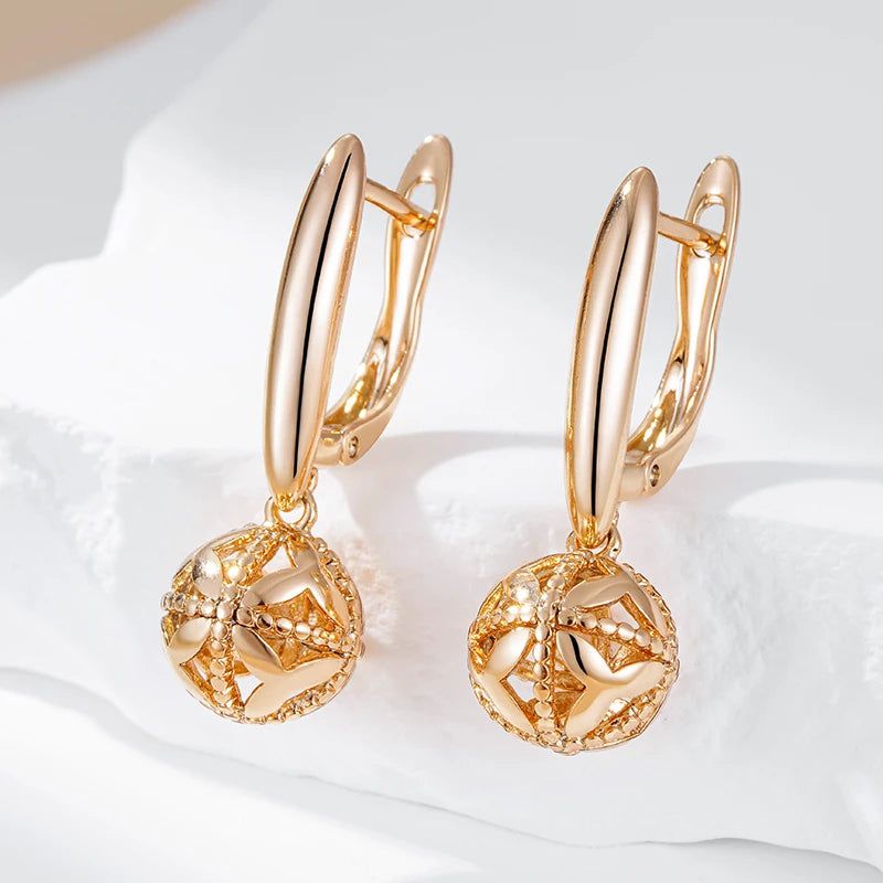 Classic Rose Gold Glossy Dangle Earrings with Ball Pendant - High-Quality Fashion Jewelry