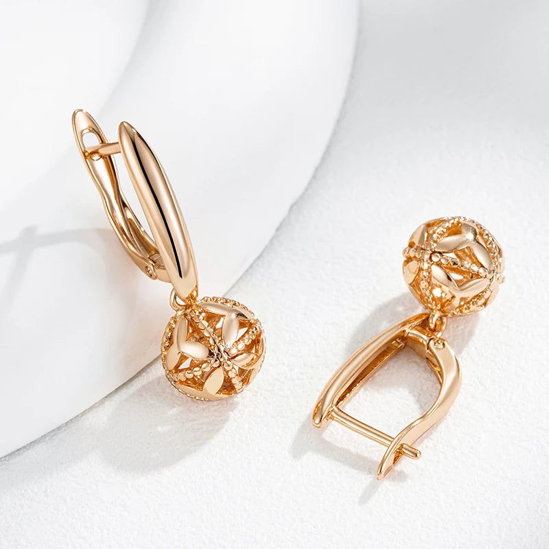 Classic Rose Gold Glossy Dangle Earrings with Ball Pendant - High-Quality Fashion Jewelry