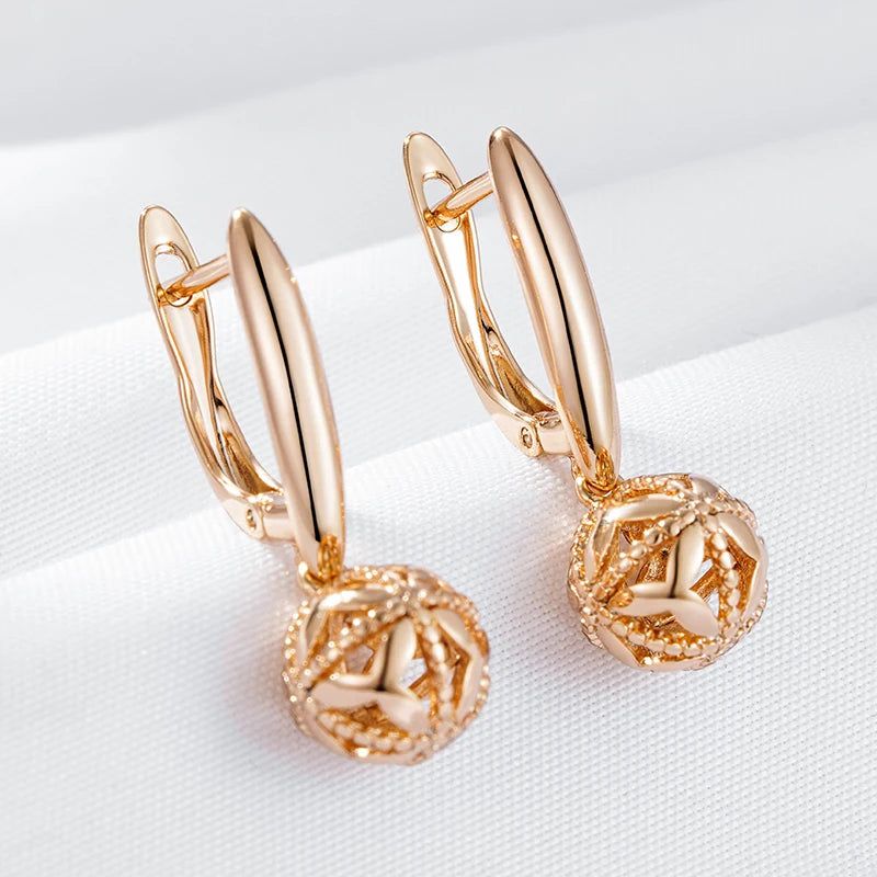 Classic Rose Gold Glossy Dangle Earrings with Ball Pendant - High-Quality Fashion Jewelry