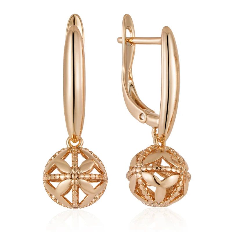 Classic Rose Gold Glossy Dangle Earrings with Ball Pendant - High-Quality Fashion Jewelry