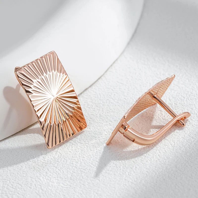 Classic Rose Gold Glossy Dangle Earrings with Square Sculpture Design