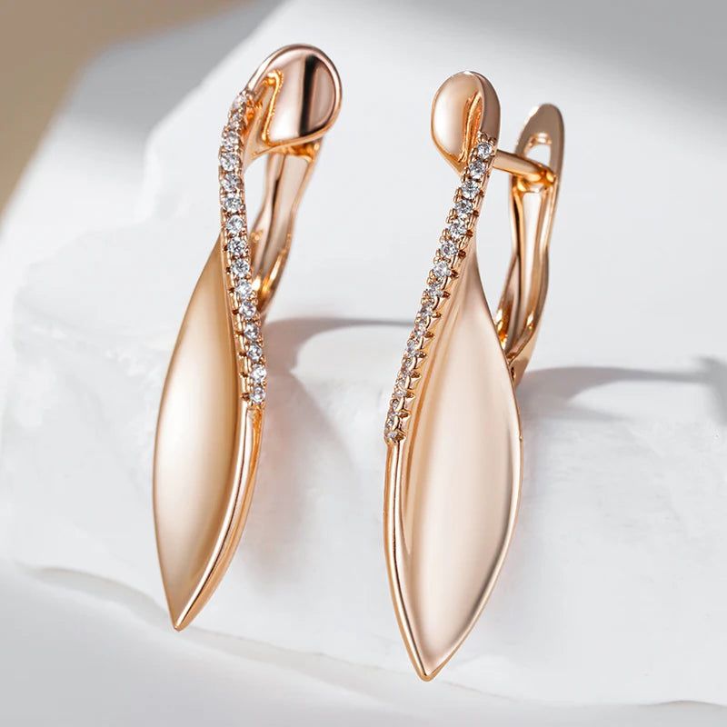 Classic Rose Gold Glossy Drop Earrings with Natural Zircon - Unique Romantic Jewelry