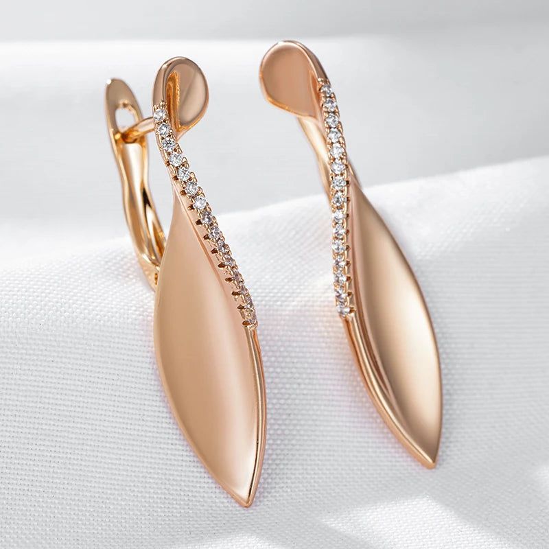 Classic Rose Gold Glossy Drop Earrings with Natural Zircon - Unique Romantic Jewelry