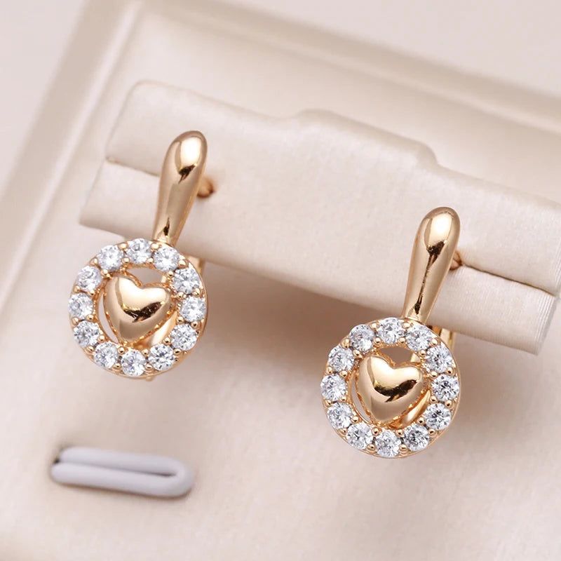 Classic Rose Gold Heart Drop Earrings with Natural Zircon Crystals