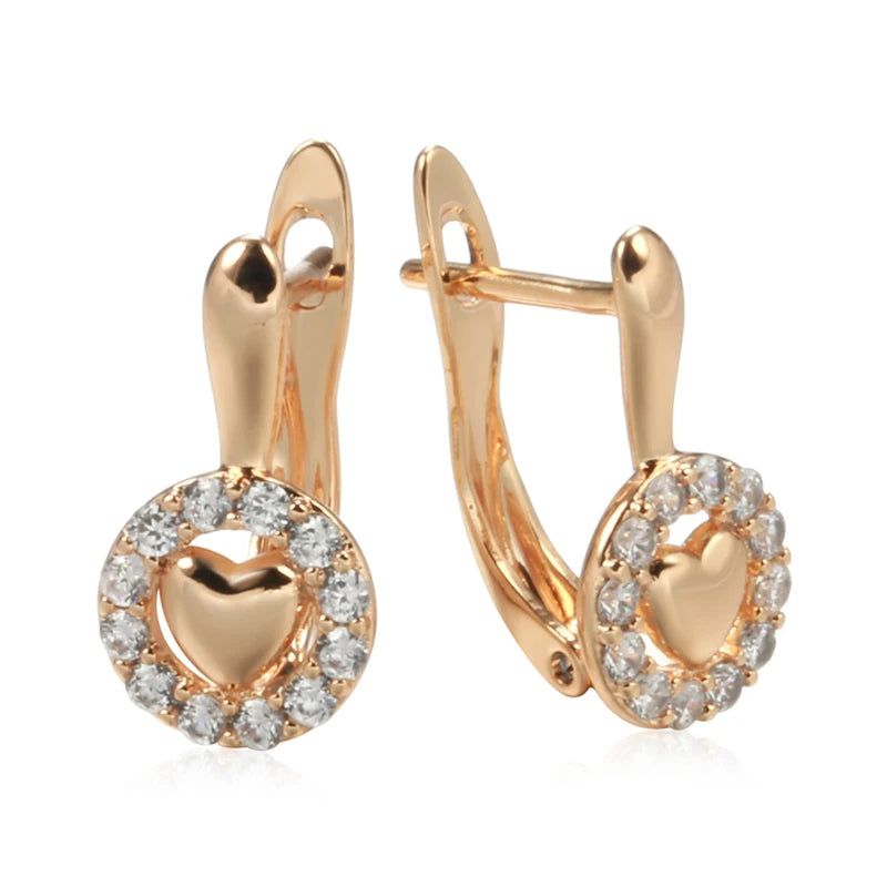 Classic Rose Gold Heart Drop Earrings with Natural Zircon Crystals