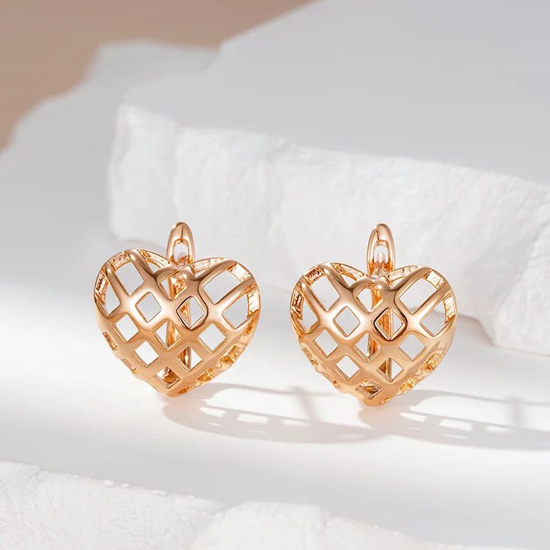 Classic Rose Gold Heart-Shaped Dangle Earrings – Chic Glossy Fashion Jewelry