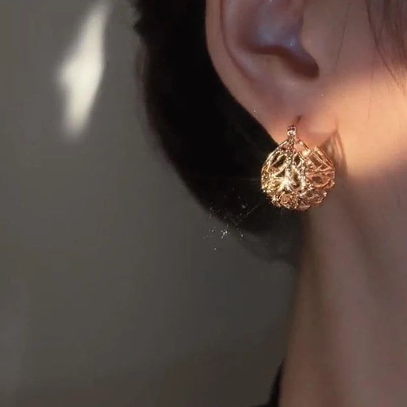 Classic Rose Gold Hollow Ball Drop Earrings - Unique Vintage Style Jewelry