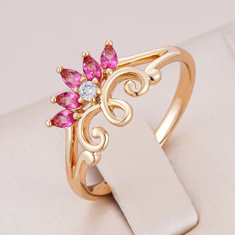 Classic Rose Gold Hollow Flower Bridal Ring with Pink Natural Zircon