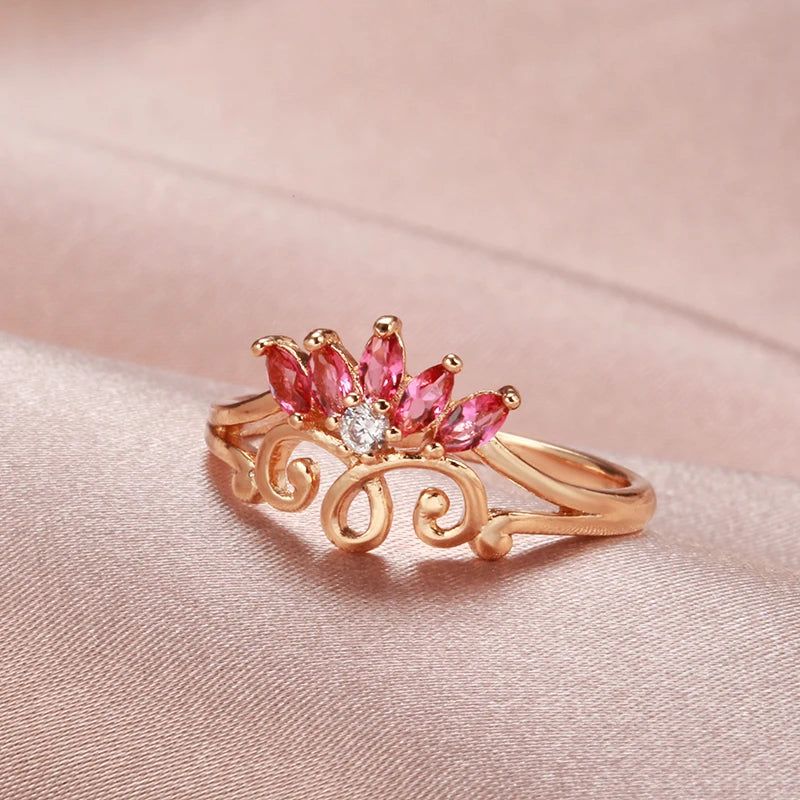 Classic Rose Gold Hollow Flower Bridal Ring with Pink Natural Zircon