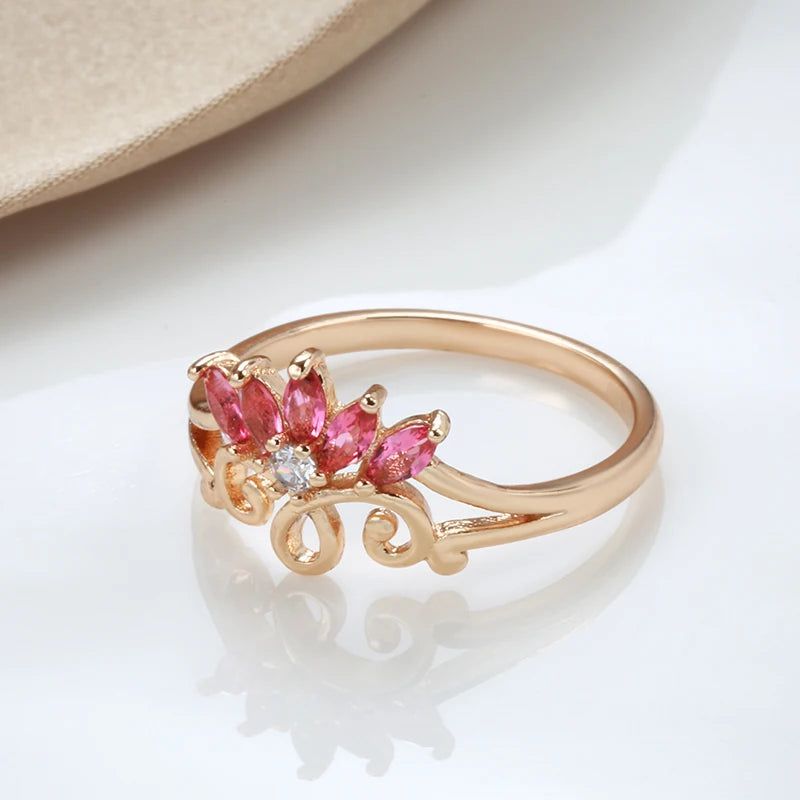 Classic Rose Gold Hollow Flower Bridal Ring with Pink Natural Zircon