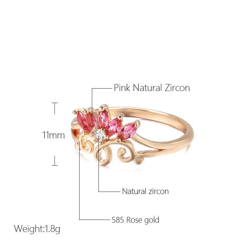 Classic Rose Gold Hollow Flower Bridal Ring with Pink Natural Zircon