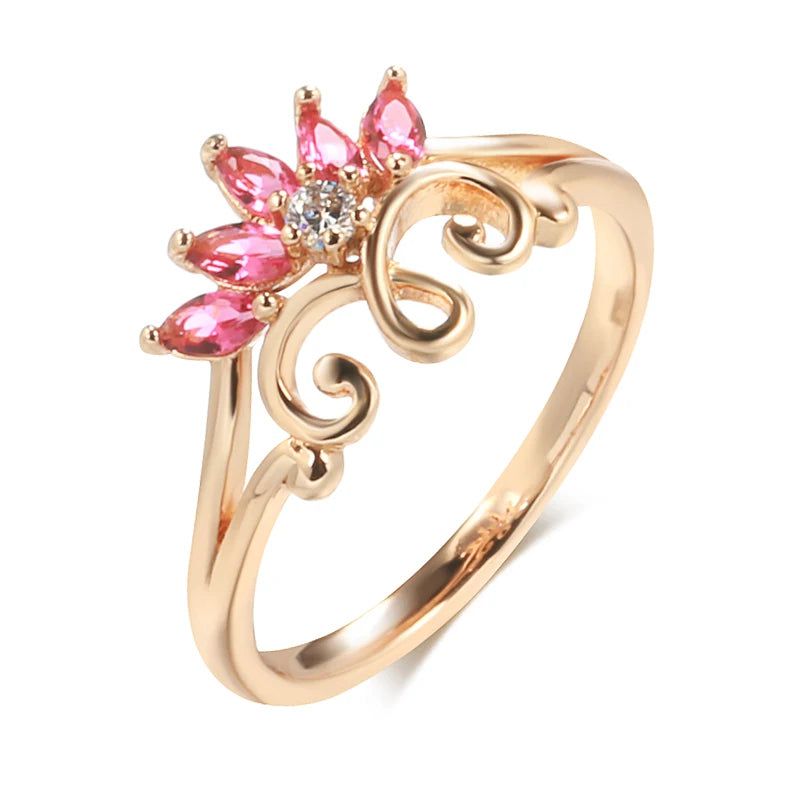 Classic Rose Gold Hollow Flower Bridal Ring with Pink Natural Zircon