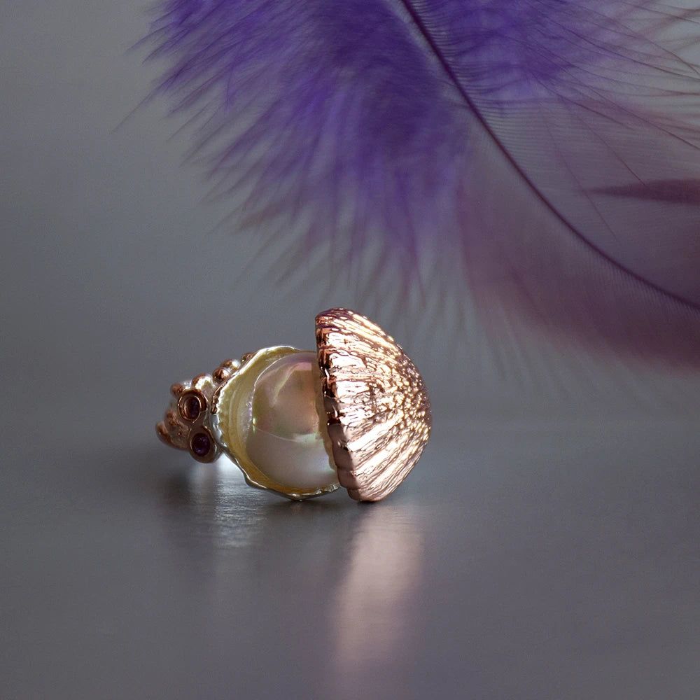 Classic Two-Tone Pearl and Zirconia Cocktail Ring in Shell Design