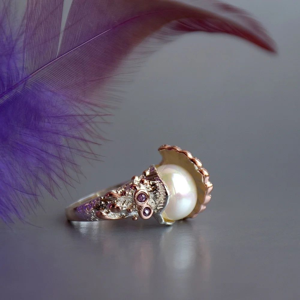 Classic Two-Tone Pearl and Zirconia Cocktail Ring in Shell Design