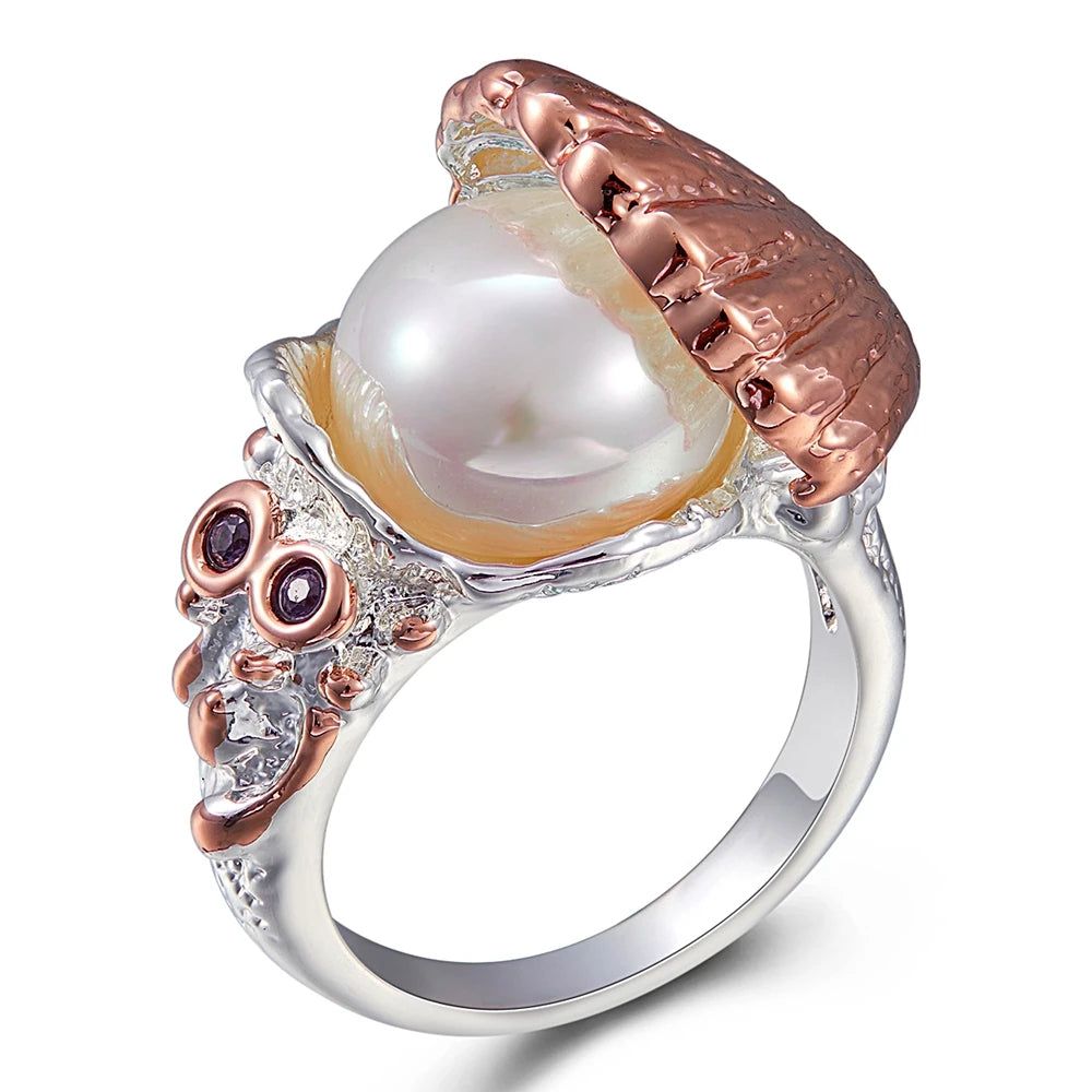 Classic Two-Tone Pearl and Zirconia Cocktail Ring in Shell Design