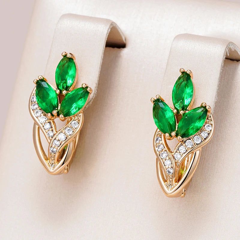 Classic Vintage Leaf Dangle Earrings with Shiny Green Natural Zircon in Rose Gold Finish