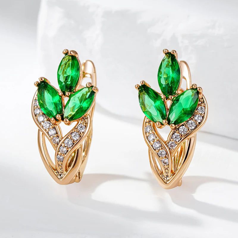 Classic Vintage Leaf Dangle Earrings with Shiny Green Natural Zircon in Rose Gold Finish