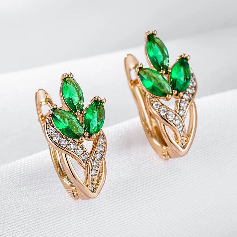 Classic Vintage Leaf Dangle Earrings with Shiny Green Natural Zircon in Rose Gold Finish