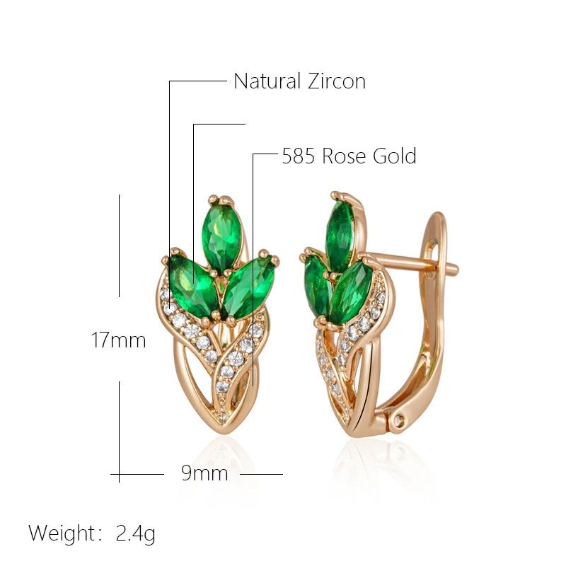 Classic Vintage Leaf Dangle Earrings with Shiny Green Natural Zircon in Rose Gold Finish