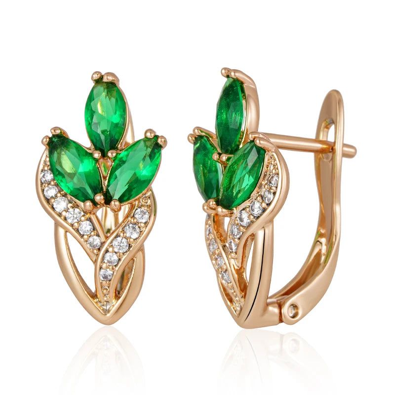 Classic Vintage Leaf Dangle Earrings with Shiny Green Natural Zircon in Rose Gold Finish