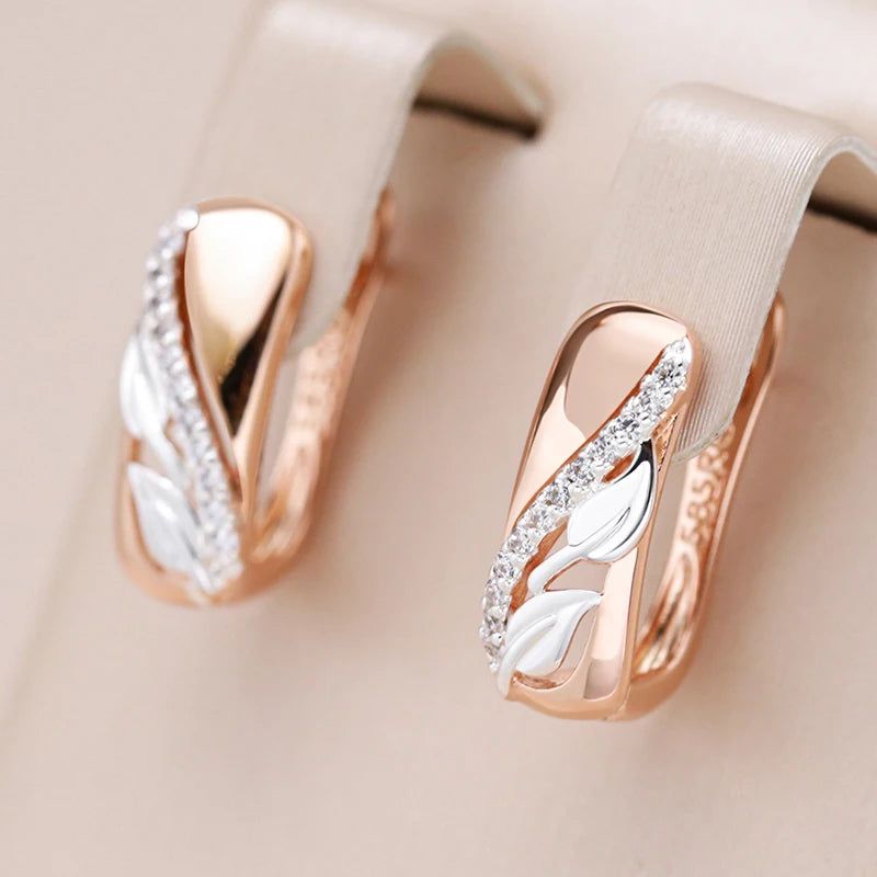 Classic Vintage Leaf Design Natural Zircon Earrings in 585 Rose Gold and Silver Blend