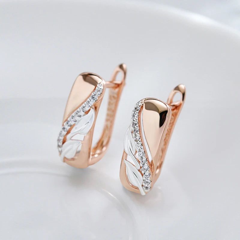 Classic Vintage Leaf Design Natural Zircon Earrings in 585 Rose Gold and Silver Blend