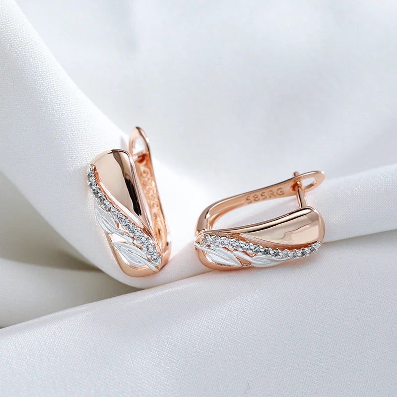 Classic Vintage Leaf Design Natural Zircon Earrings in 585 Rose Gold and Silver Blend