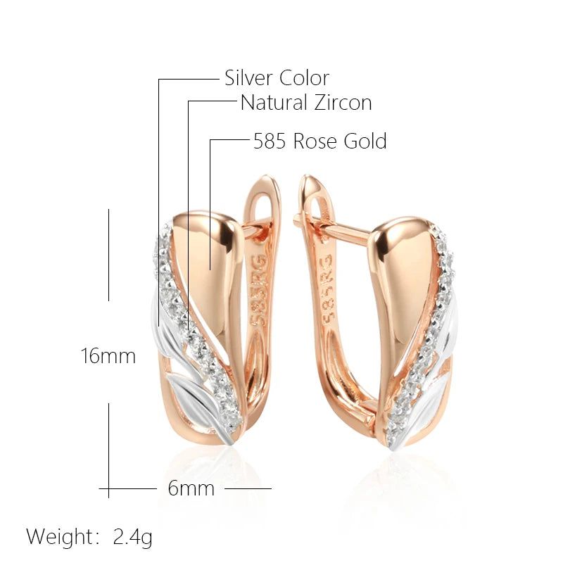 Classic Vintage Leaf Design Natural Zircon Earrings in 585 Rose Gold and Silver Blend