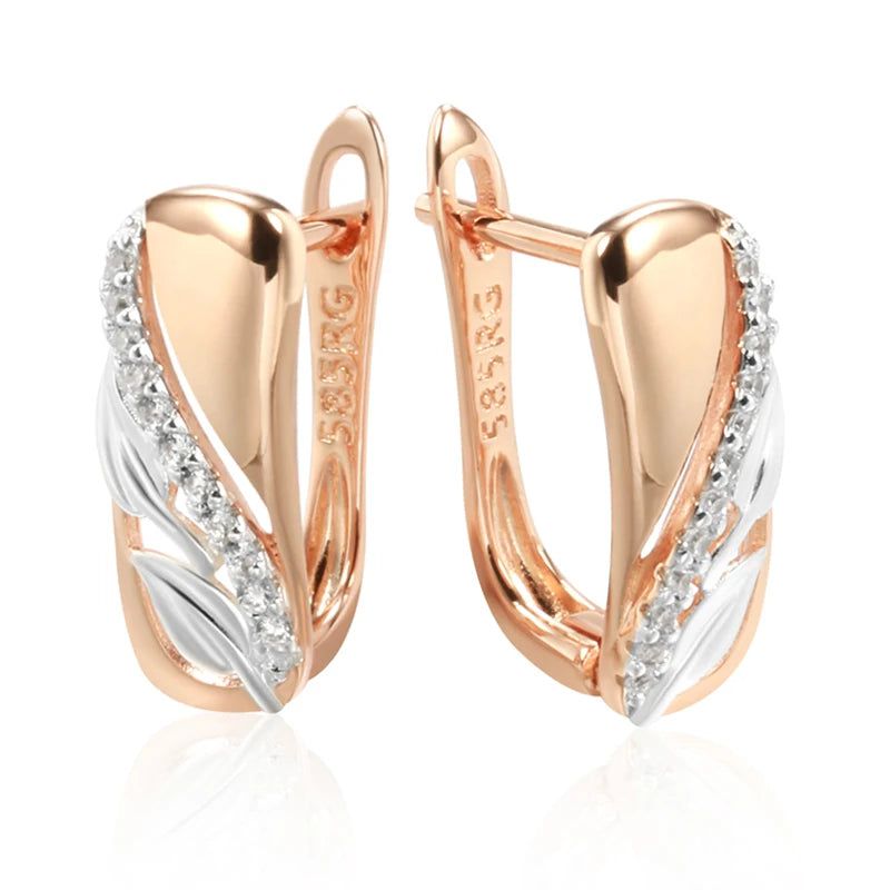 Classic Vintage Leaf Design Natural Zircon Earrings in 585 Rose Gold and Silver Blend