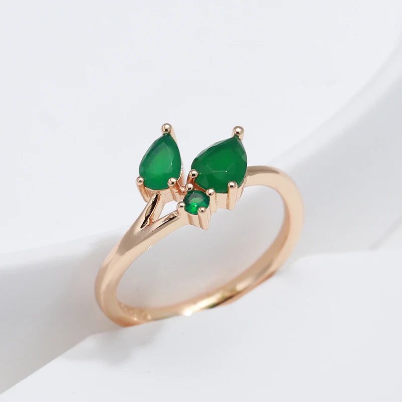 Classic Vintage Leaf Ring in 585 Rose Gold with Green Natural Zircon