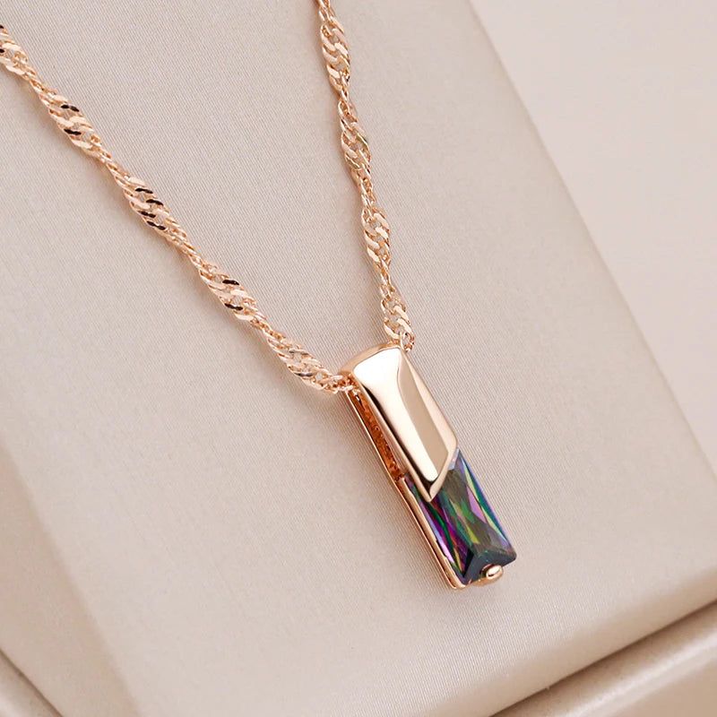 Colorful Geometric Zircon Pendant Necklace in 585 Rose Gold Finish