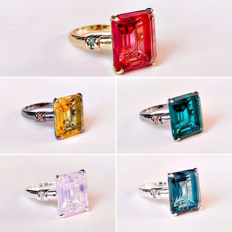 Colorful Square Zircon Solitaire Ring - Stylish Birthday Jewelry