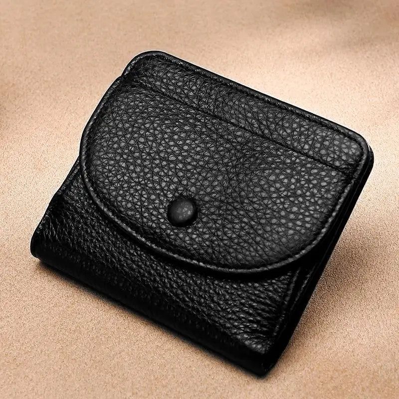 Compact Unisex Genuine Leather Coin Purse Wallet - Multi-Function Card Holder in Solid Color