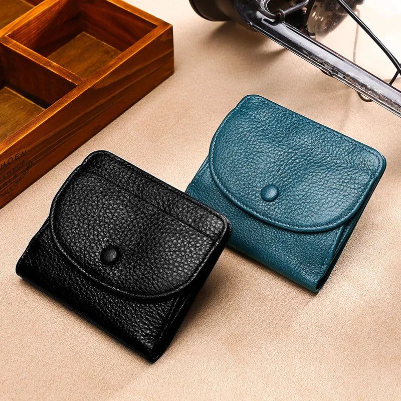 Compact Unisex Genuine Leather Coin Purse Wallet - Multi-Function Card Holder in Solid Color