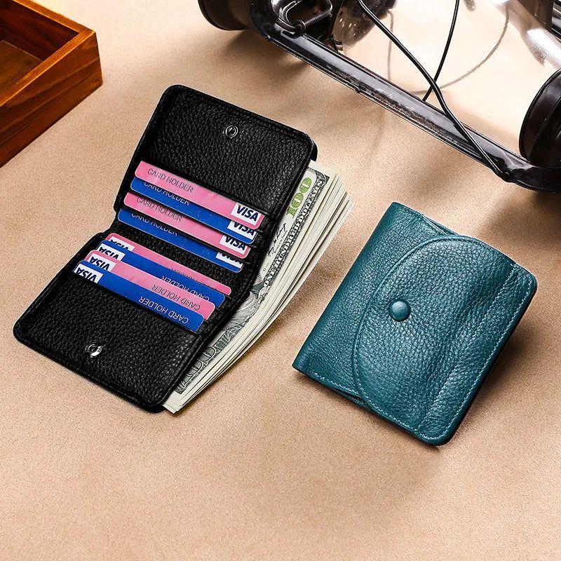 Compact Unisex Genuine Leather Coin Purse Wallet - Multi-Function Card Holder in Solid Color