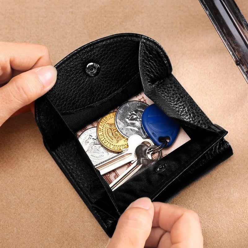 Compact Unisex Genuine Leather Coin Purse Wallet - Multi-Function Card Holder in Solid Color