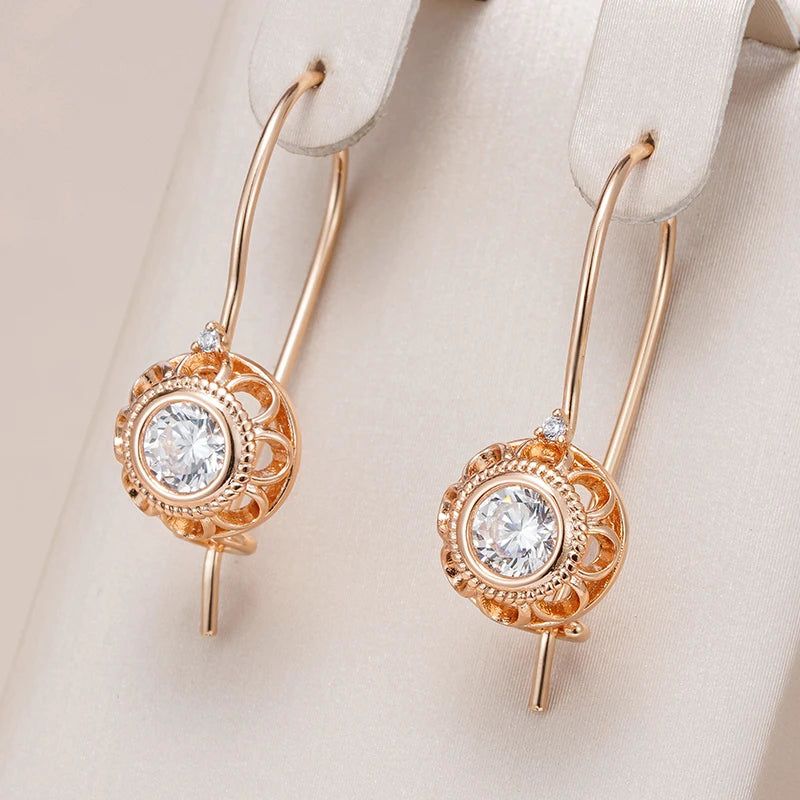 Contemporary 585 Rose Gold Geometric Dangle Earrings with Natural Zircon Accents