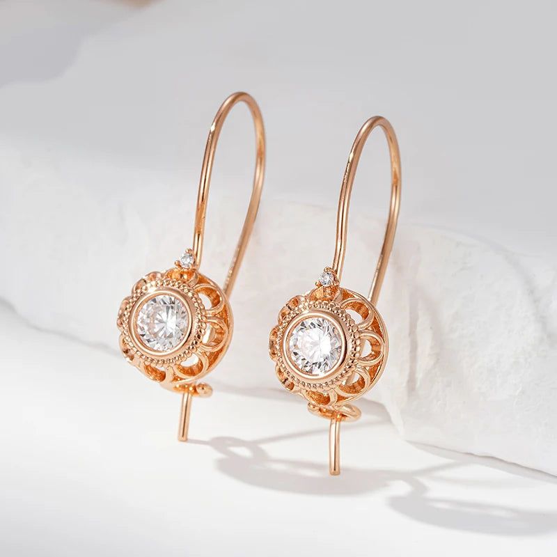 Contemporary 585 Rose Gold Geometric Dangle Earrings with Natural Zircon Accents