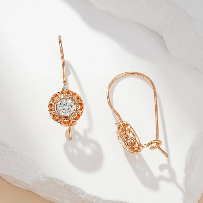 Contemporary 585 Rose Gold Geometric Dangle Earrings with Natural Zircon Accents