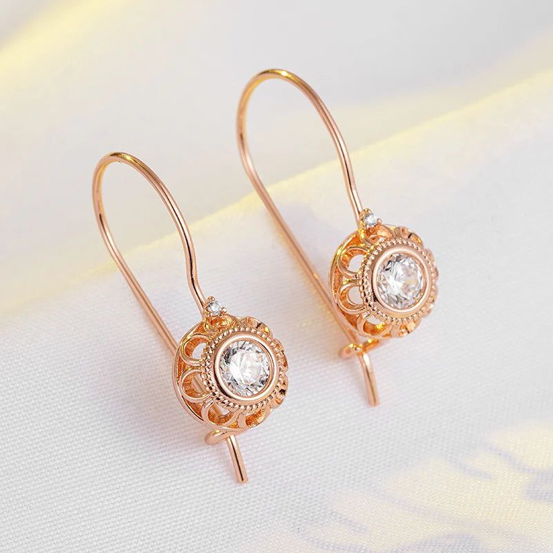 Contemporary 585 Rose Gold Geometric Dangle Earrings with Natural Zircon Accents