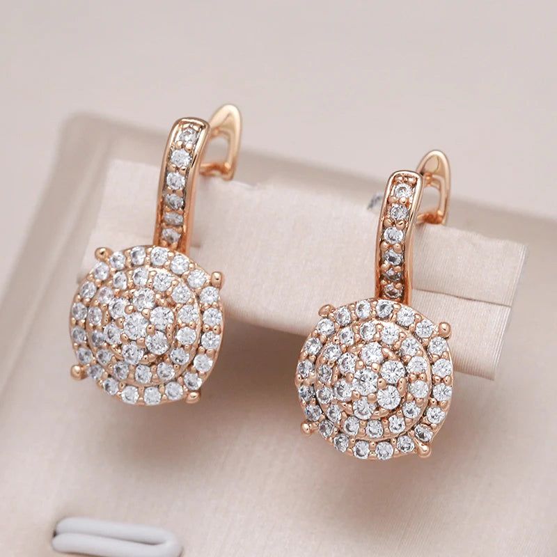 Contemporary 585 Rose Gold Geometric Dangle Earrings with Natural Zircon Inlay