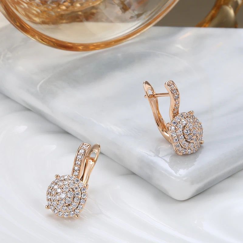 Contemporary 585 Rose Gold Geometric Dangle Earrings with Natural Zircon Inlay