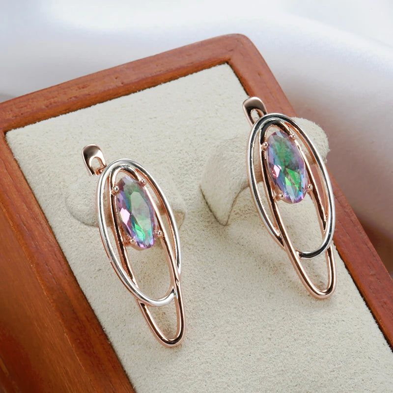 Contemporary 585 Rose Gold Geometric Drop Earrings with Colorful Natural Zircon