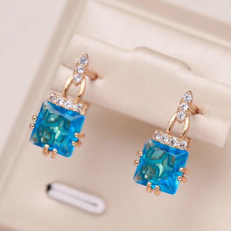 Contemporary 585 Rose Gold Geometric Drop Earrings with Dazzling Blue Natural Zircon for Bridal and Special Occasions