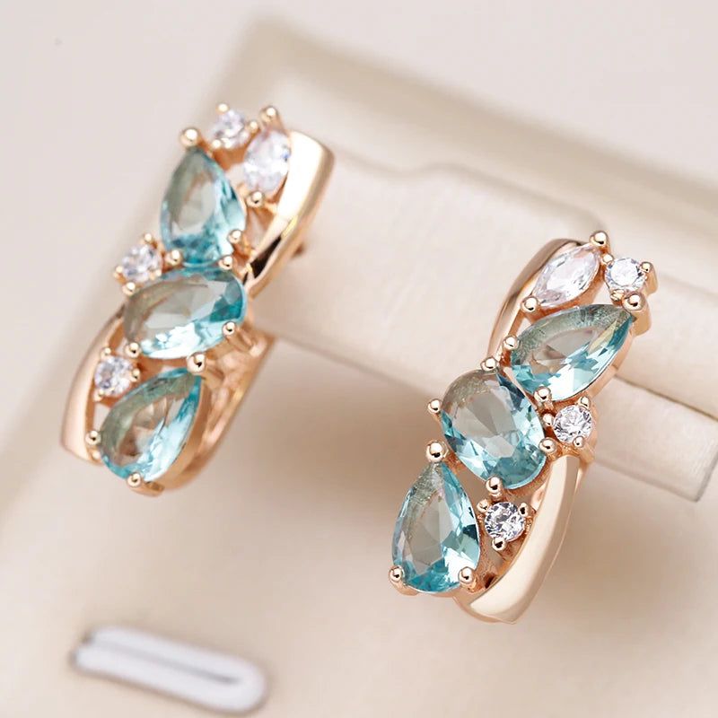 Contemporary 585 Rose Gold Geometric Drop Earrings with Dazzling Blue Natural Zircon for Bridal and Special Occasions