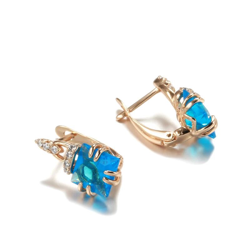 Contemporary 585 Rose Gold Geometric Drop Earrings with Dazzling Blue Natural Zircon for Bridal and Special Occasions